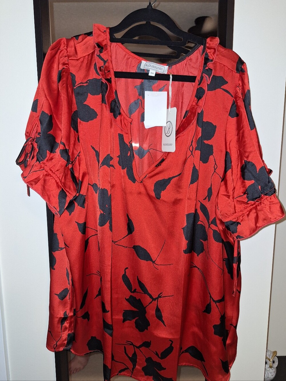 Red Floral Satin V-Neck Women's Top